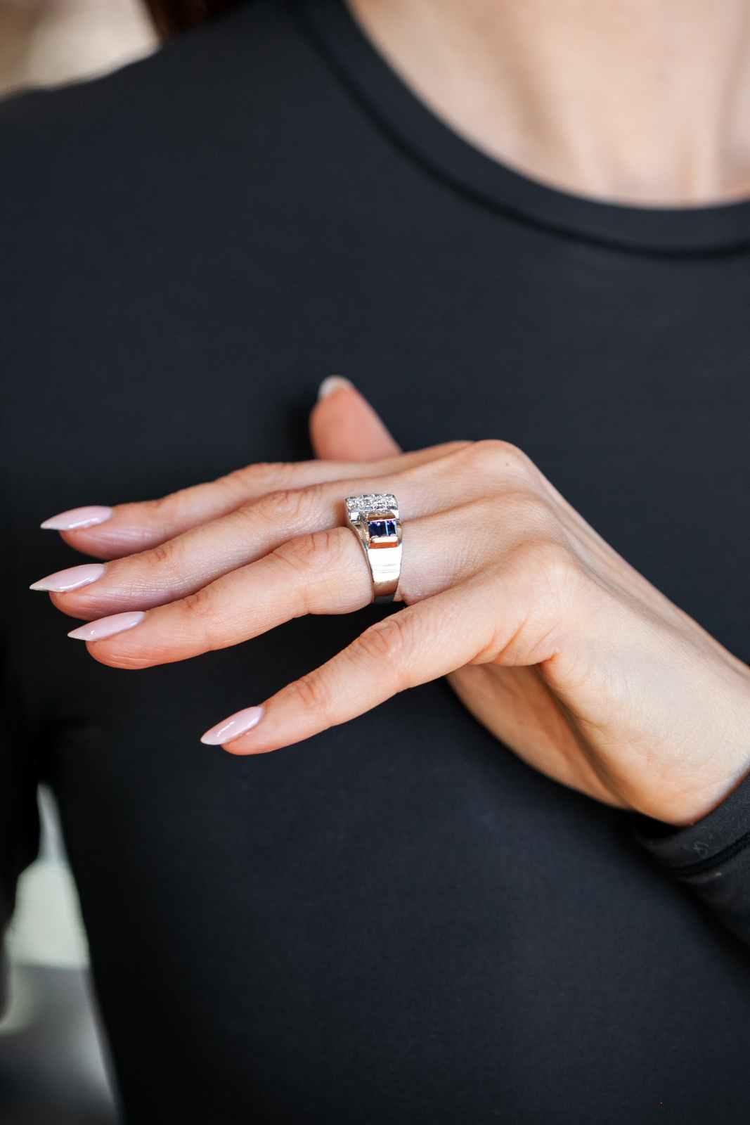 Retro Diamond & Sapphire Tank Ring