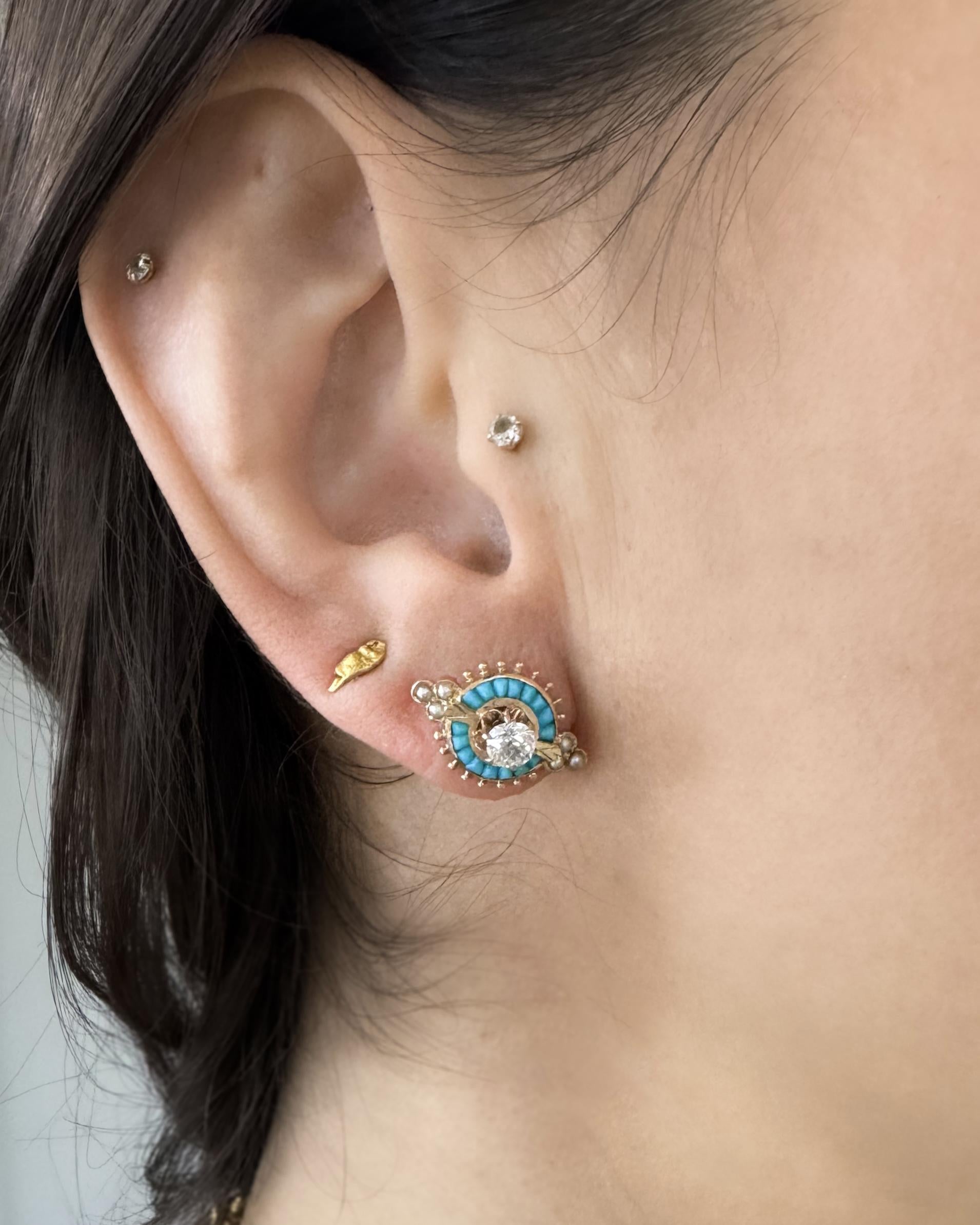 Victorian 0.60 Ctw. Old Mine Cut Diamond, Turquoise, & Pearl Earrings