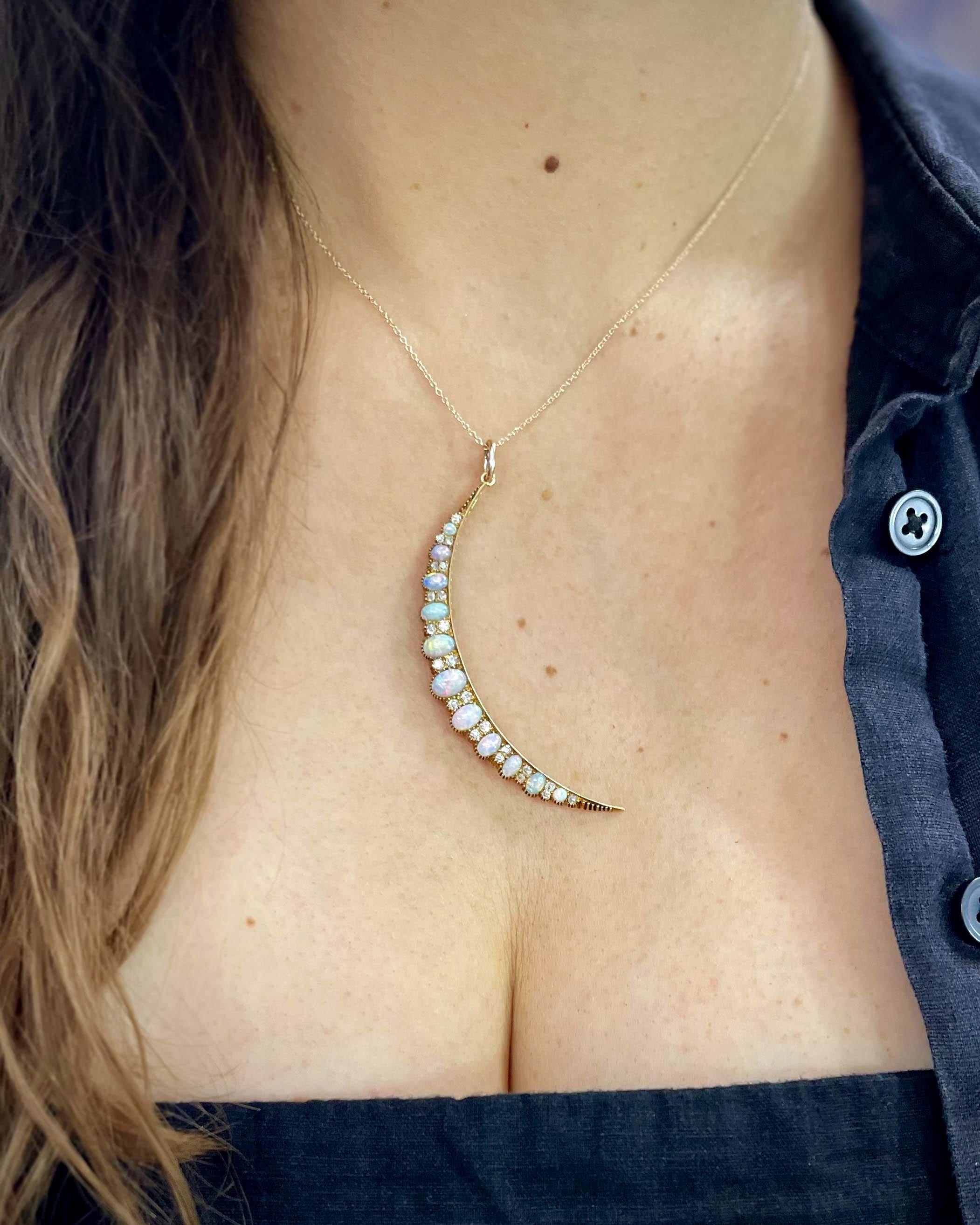Victorian 0.66 Ctw. Old Mine Cut Diamond & Opal Crescent Moon Pendant Necklace