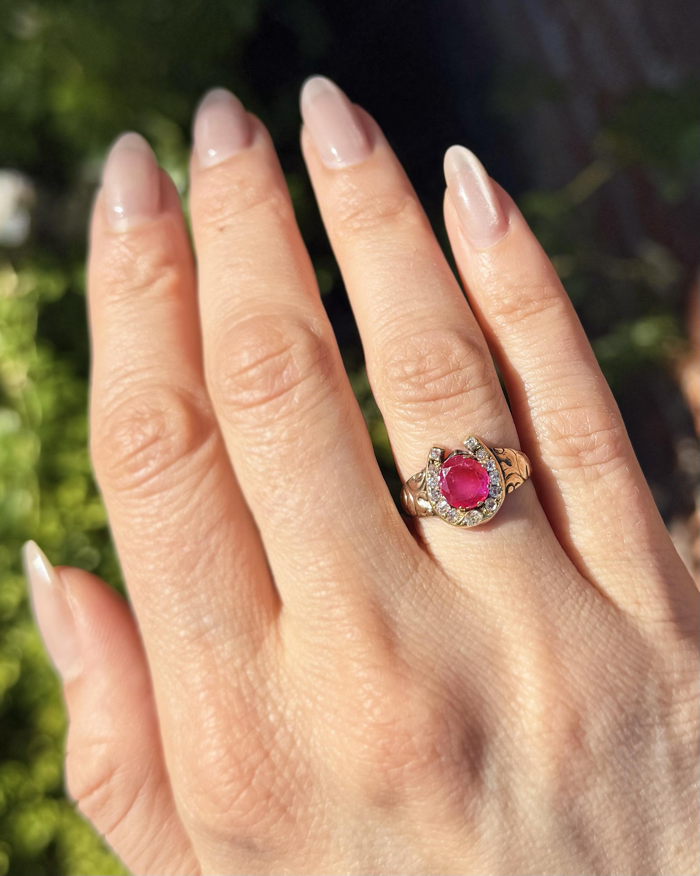 Victorian 1.00 Ct. Oval Cut Burma Ruby & Diamond Horseshoe Ring