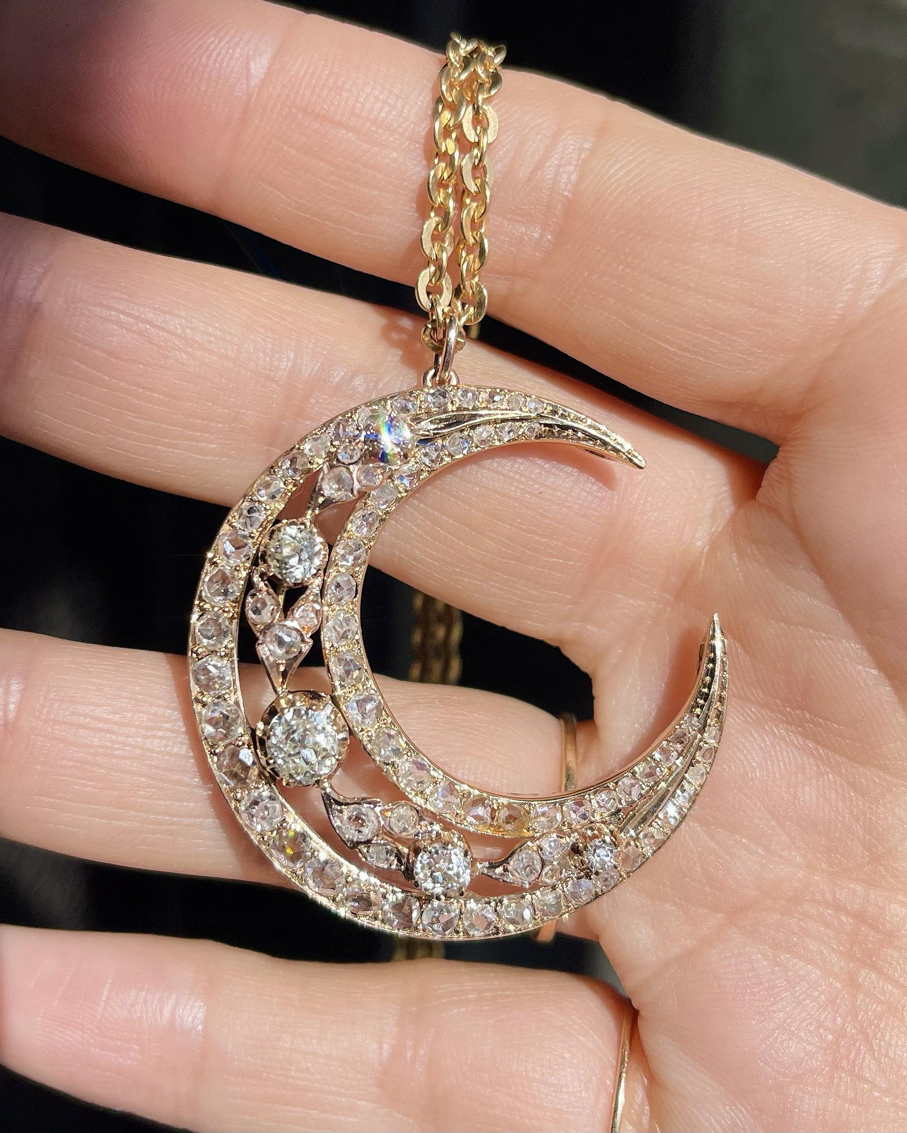 Victorian 1.28 Ctw. Old Mine Cut & 2.00 Ctw. Rose Cut Diamond Crescent Moon
