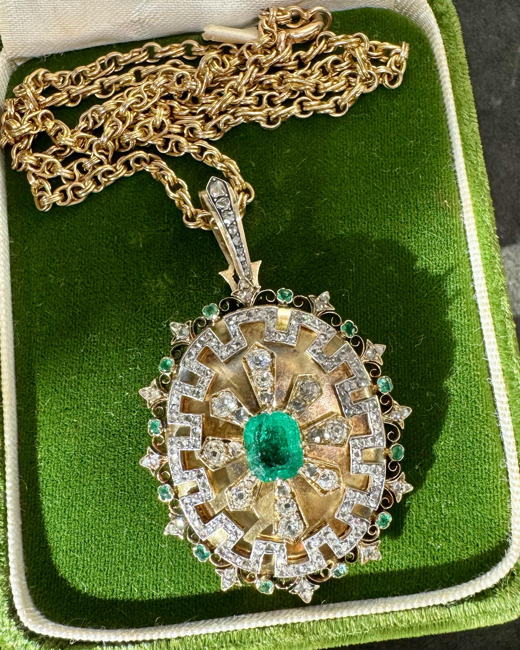 Victorian 1.40 Ct. Emerald & 2.00 Ctw. Diamond Greek Key Motif Pendant Necklace