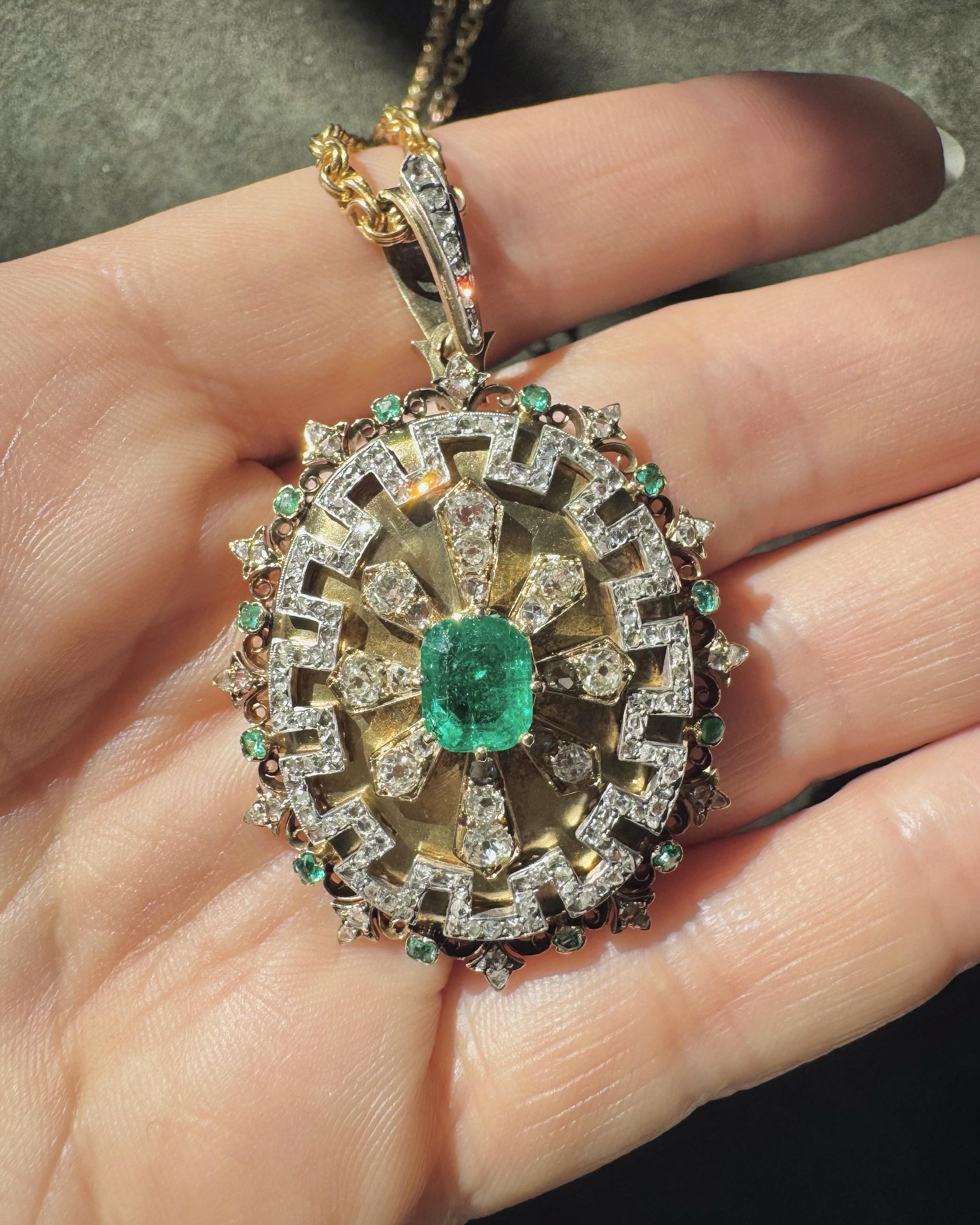 Victorian 1.40 Ct. Emerald & 2.00 Ctw. Diamond Greek Key Motif Pendant Necklace