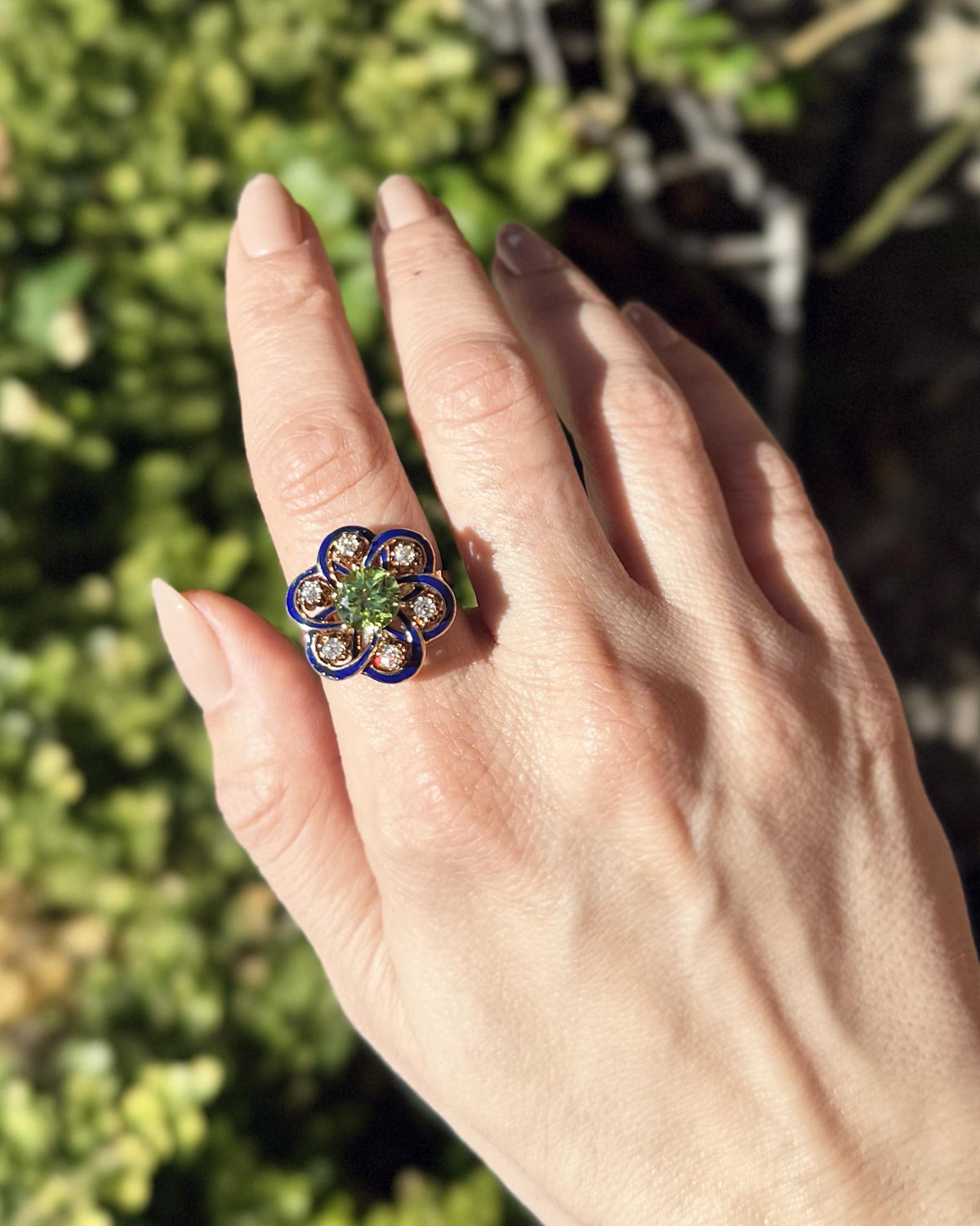 Victorian 1.85 Ct. Peridot, Diamond, & Blue Enamel Ornate Dinner Ring