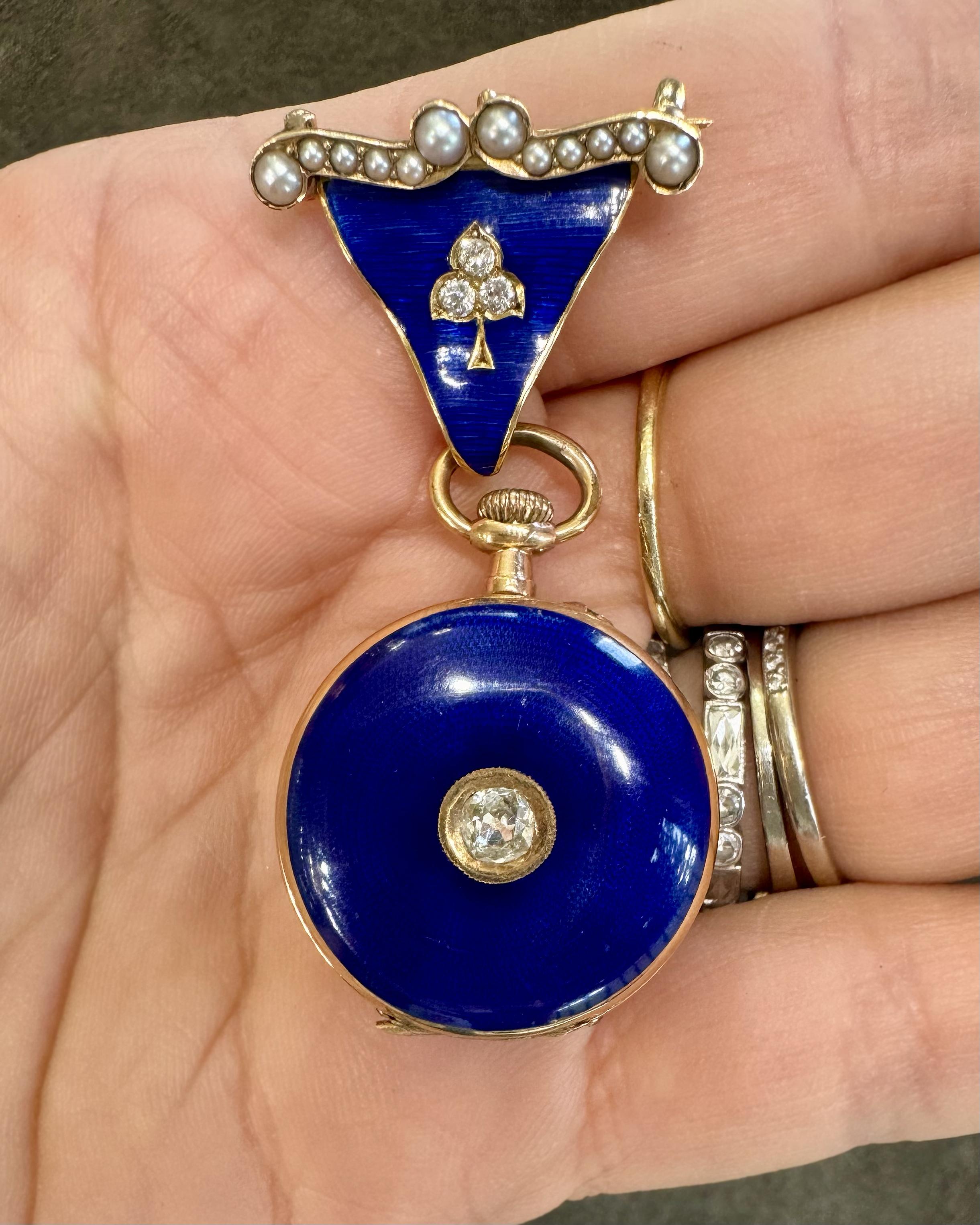 Victorian Diamond, Pearl, & Blue Enamel Lapel Watch