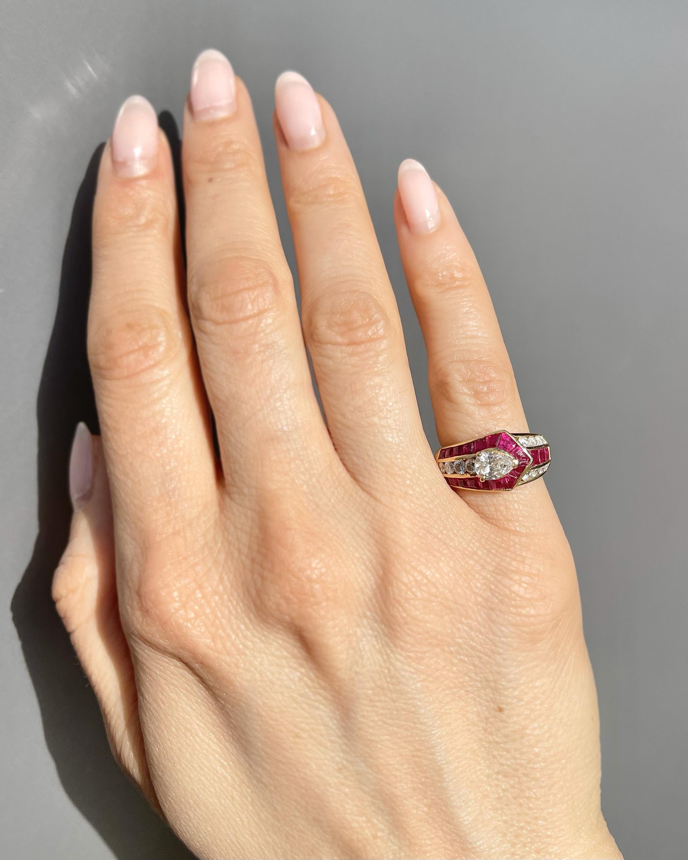 Vintage 0.53 Ct. Pear-Shaped Diamond & Ruby Freeform Buckle-Motif Ring