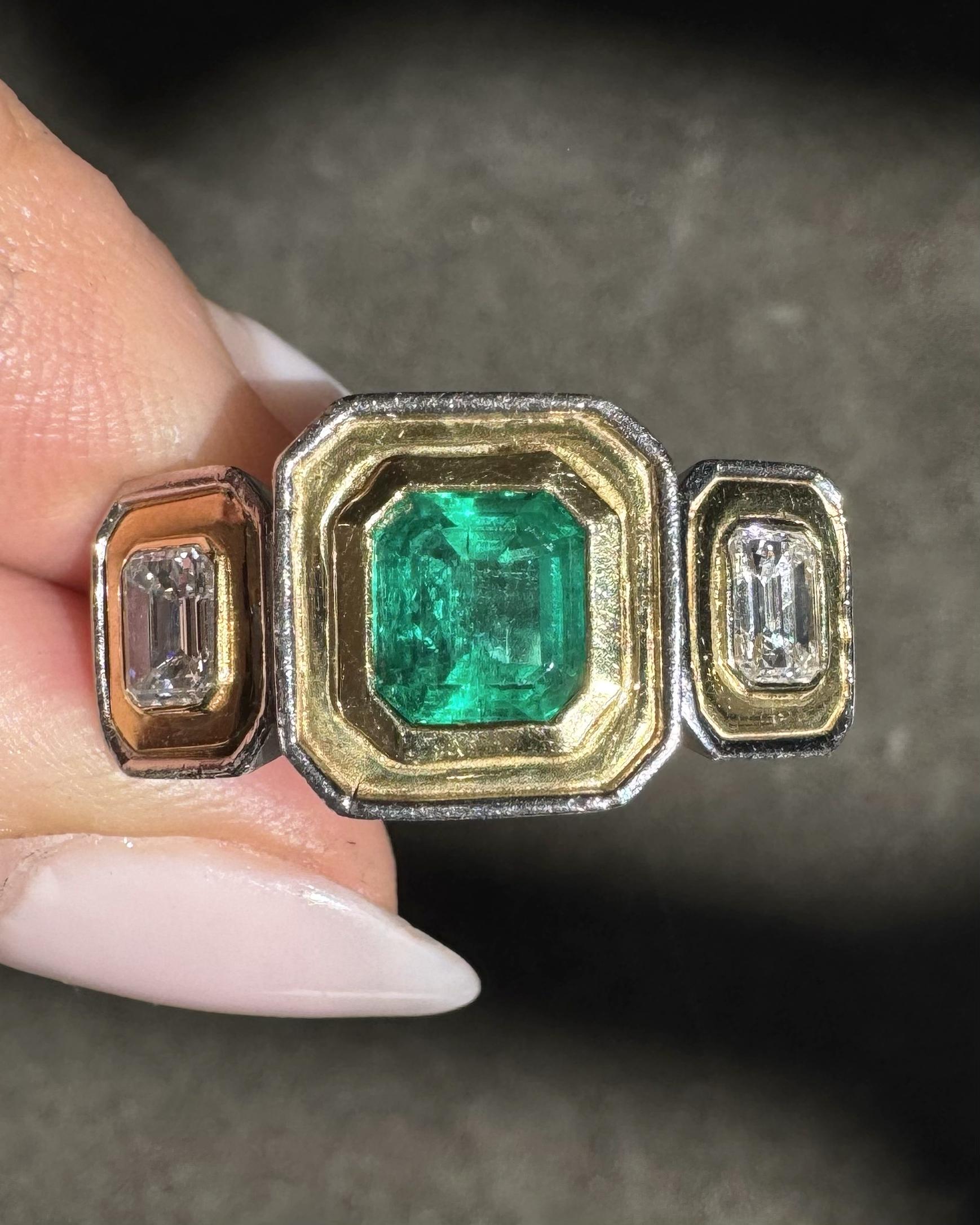 Vintage 1.13 Ct. Emerald & 0.95 Ctw. Emerald Cut Diamond 3-Stone Two-Tone Ring