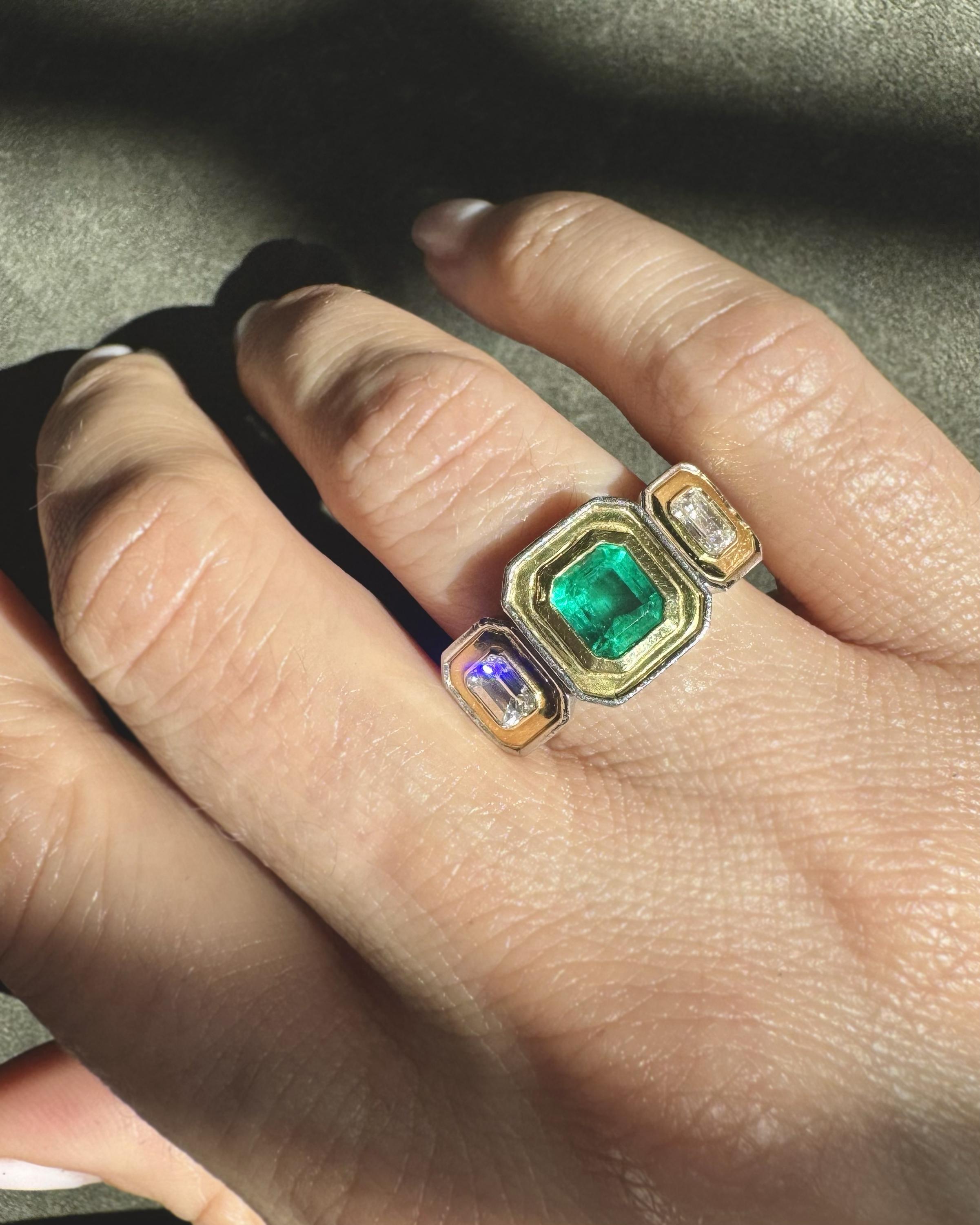 Vintage 1.13 Ct. Emerald & 0.95 Ctw. Emerald Cut Diamond 3-Stone Two-Tone Ring