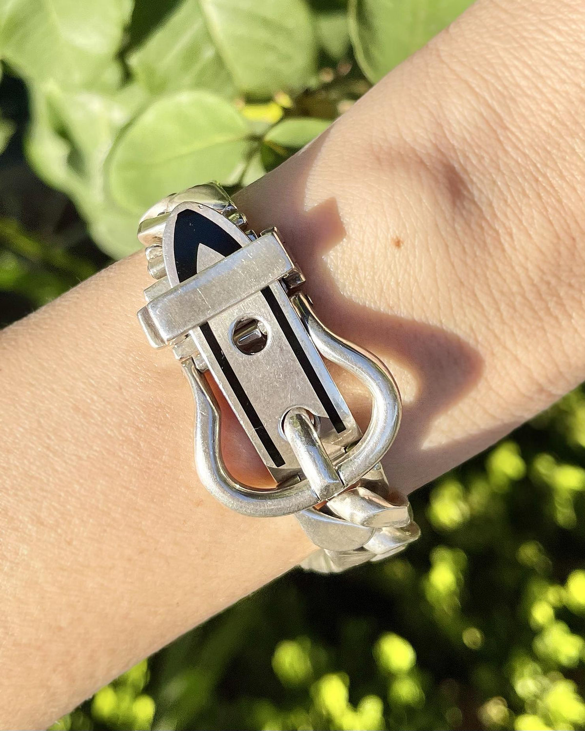Vintage Buckle, Black Enamel, & Curb Link Bracelet by Gucci