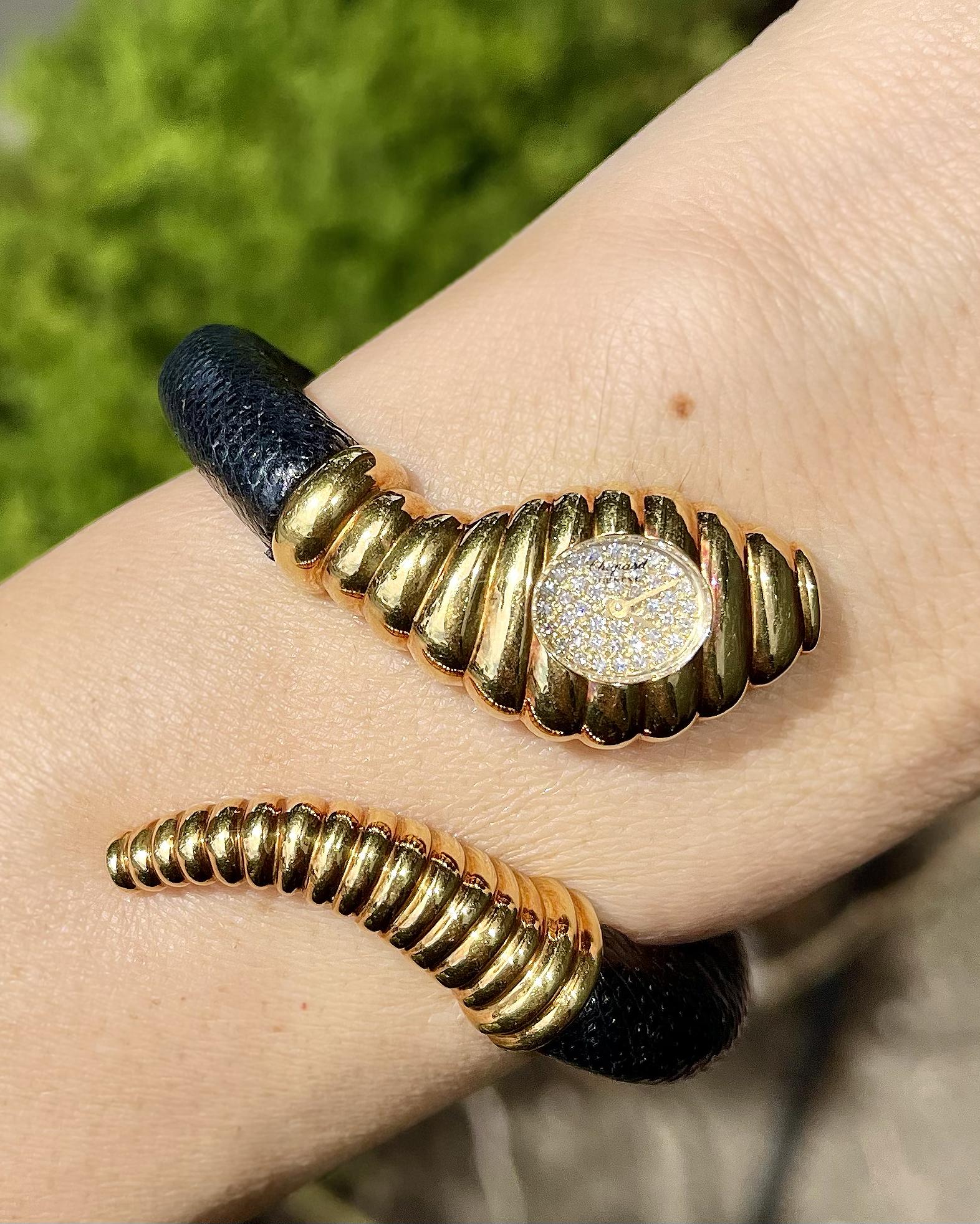 Vintage Diamond & Gold Leather Snake Wrap Cuff Watch Bracelet by Chopard