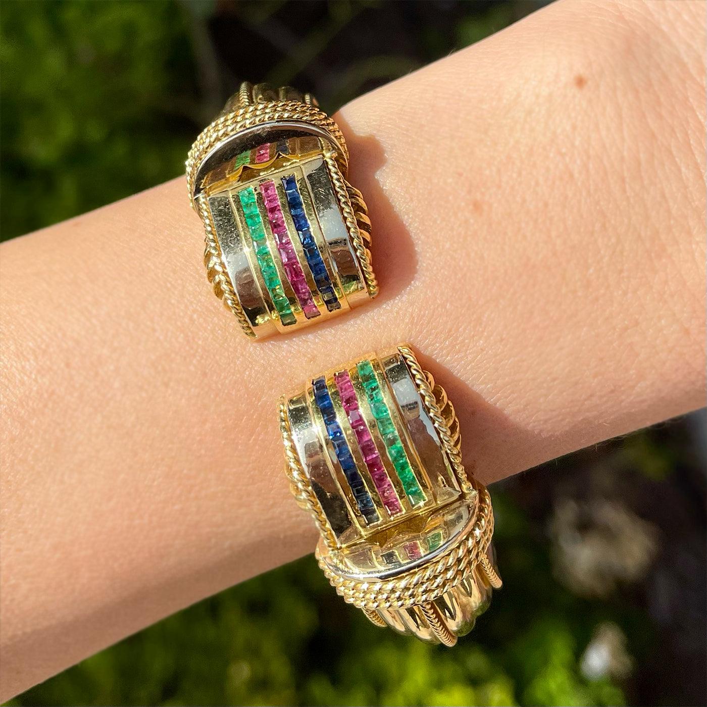 Vintage Emerald, Sapphire, & Ruby Cuff Bracelet By Letas