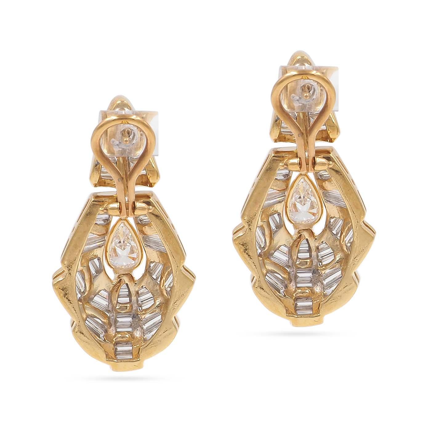 Vintage Pear-Shaped Diamond & Baguette Cut Diamond Geometric Earrings