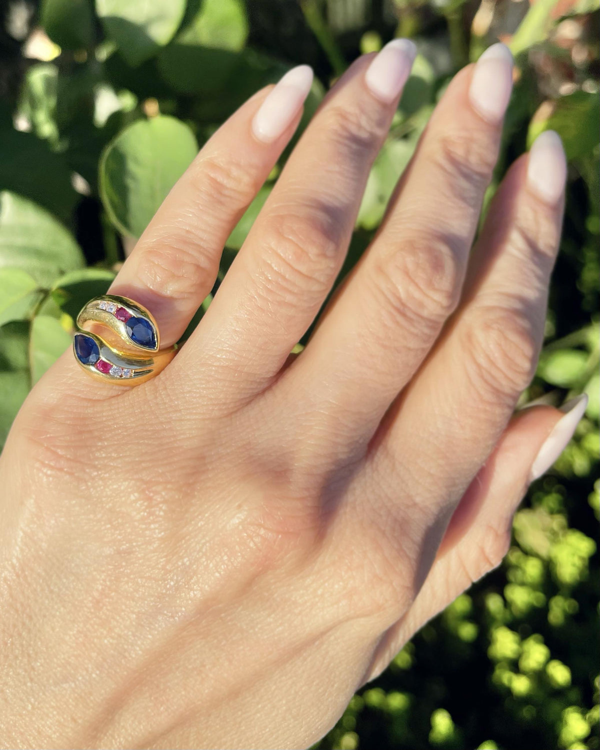 Vintage Sapphire, Ruby, & Diamond Bypassing Double Snake Ring