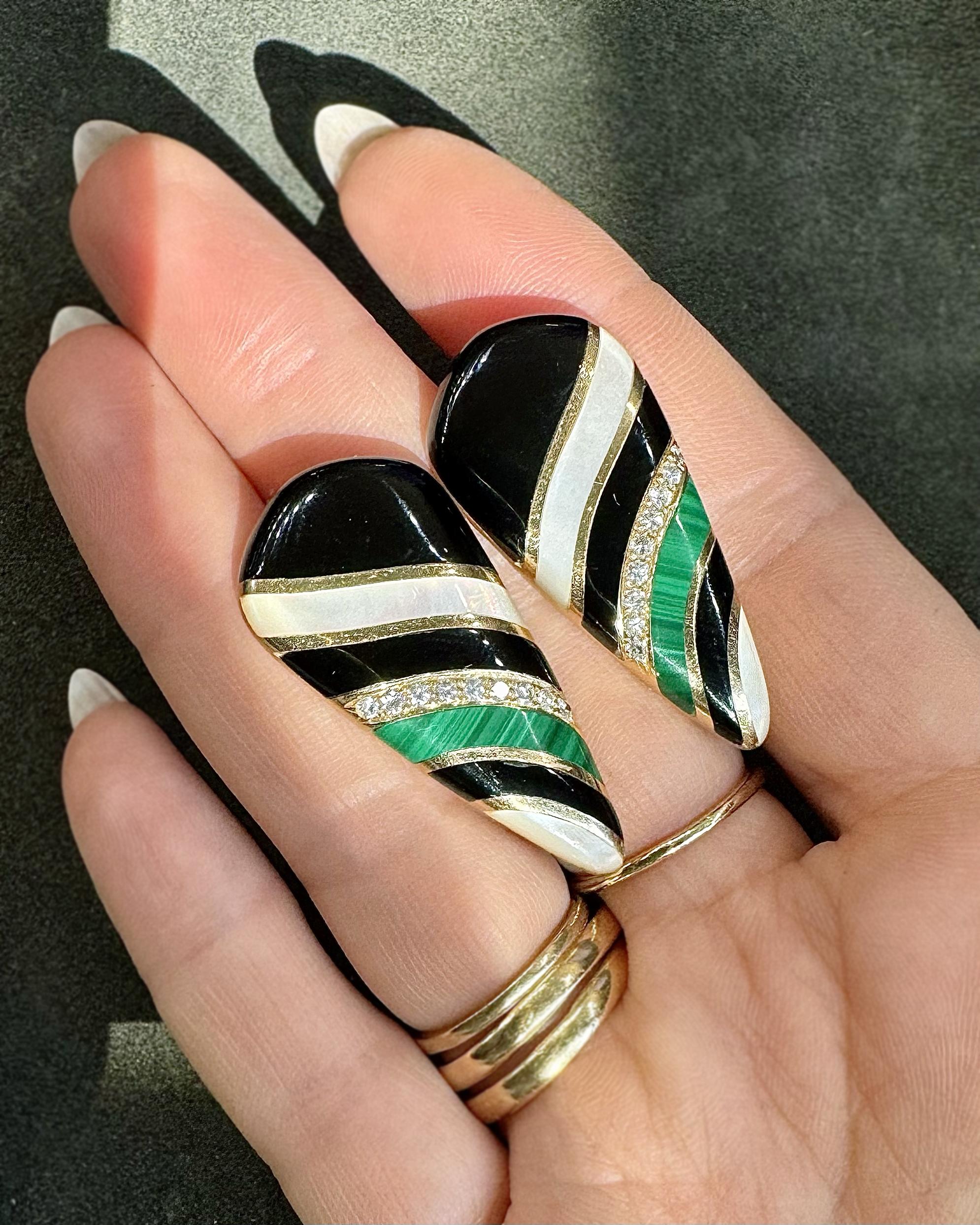 Vintage Striped Gemstone-Inlay Torpedo-Shaped Earrings