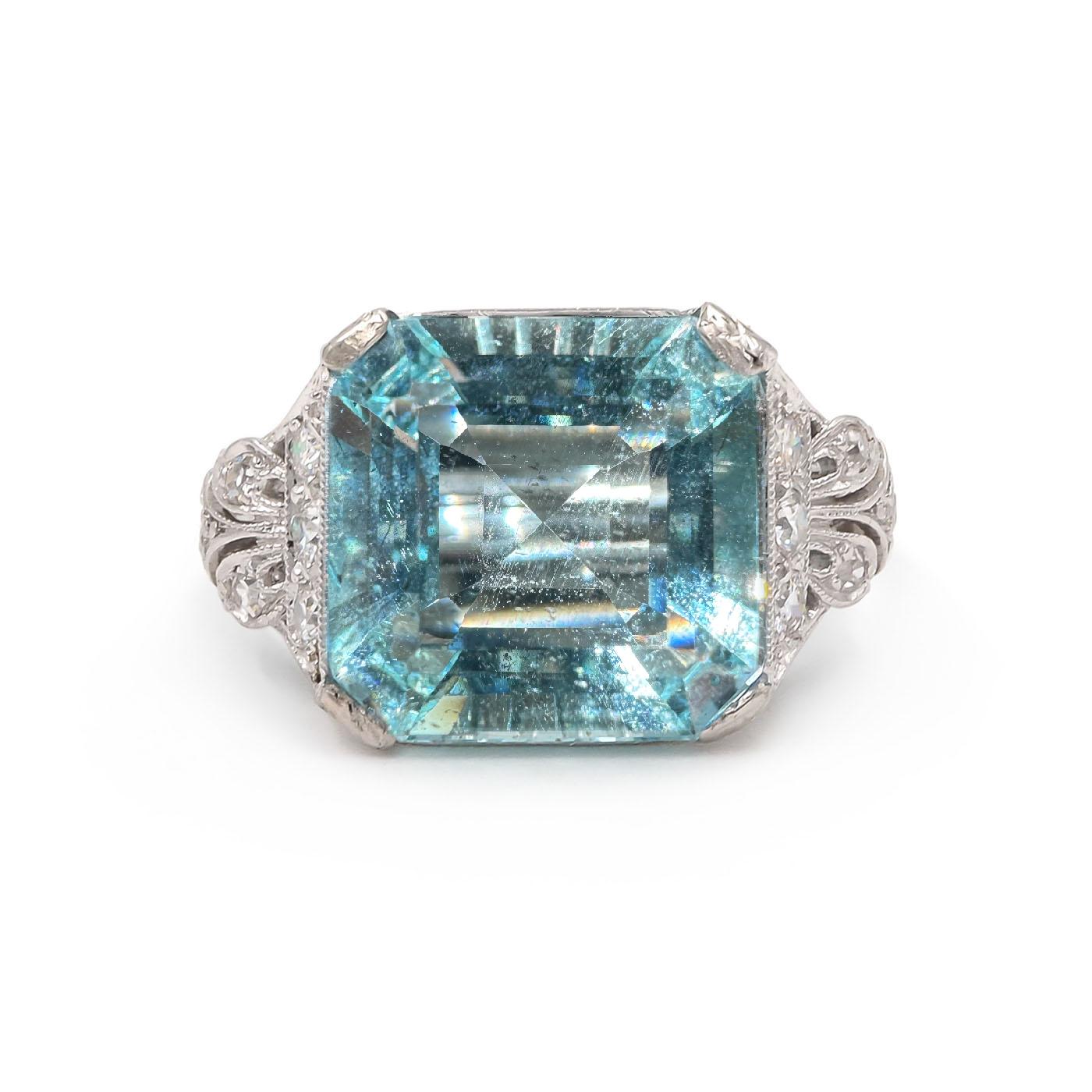 Art Deco 7.37 Ct. Step Cut Aquamarine & Diamond Dinner Ring