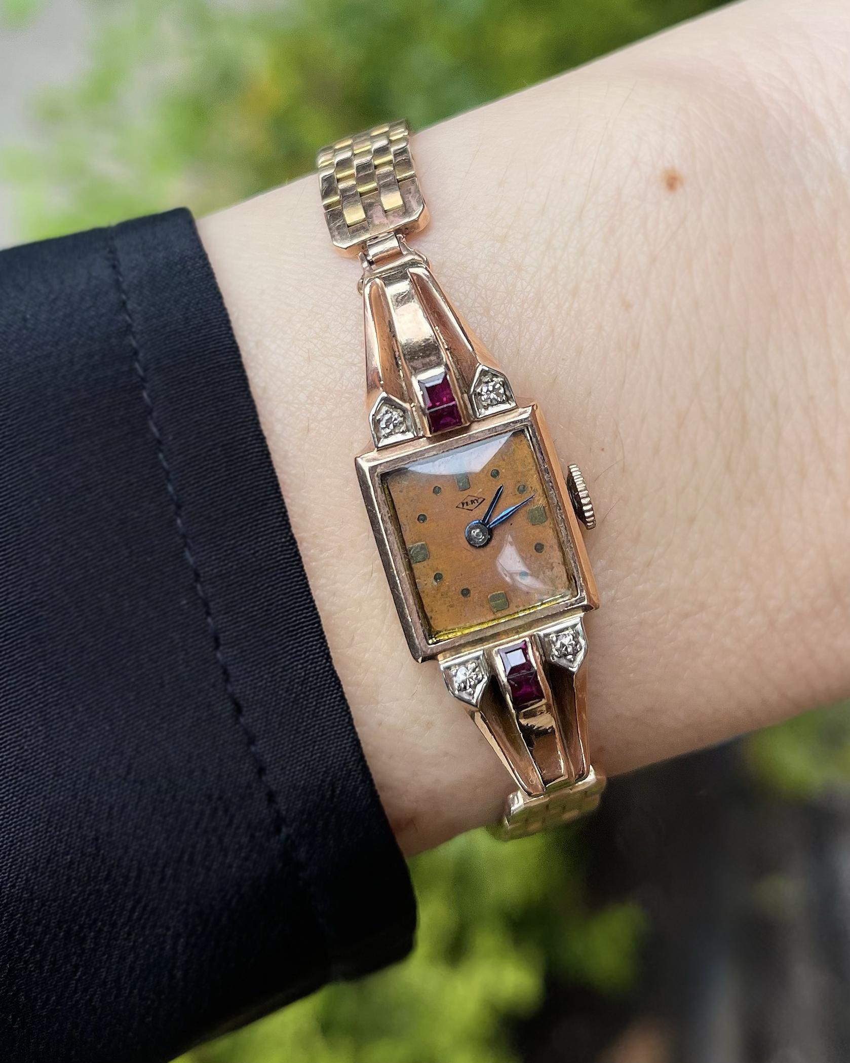 Retro Diamond & Ruby Bracelet Watch by Pery Watch Co.