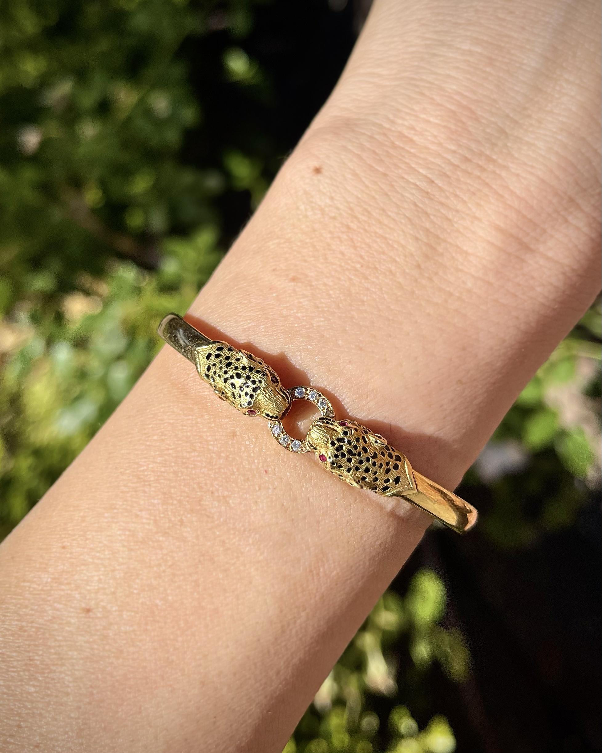 Vintage Double Panther Head & Diamond Cuff Bangle Bracelet by Gay Frères