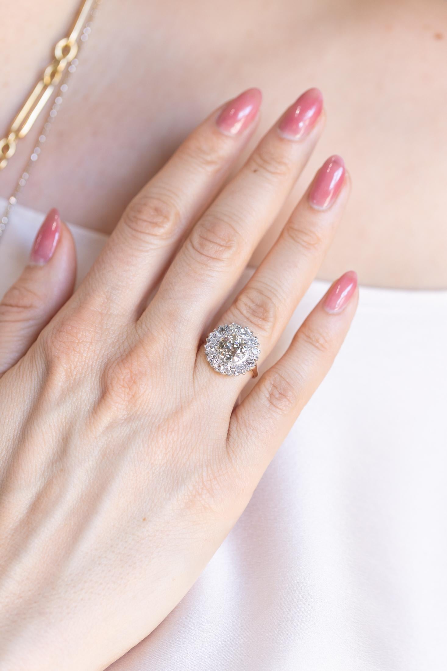 Edwardian 2.03 Ct. Old European Cut Diamond Cluster Engagement Ring