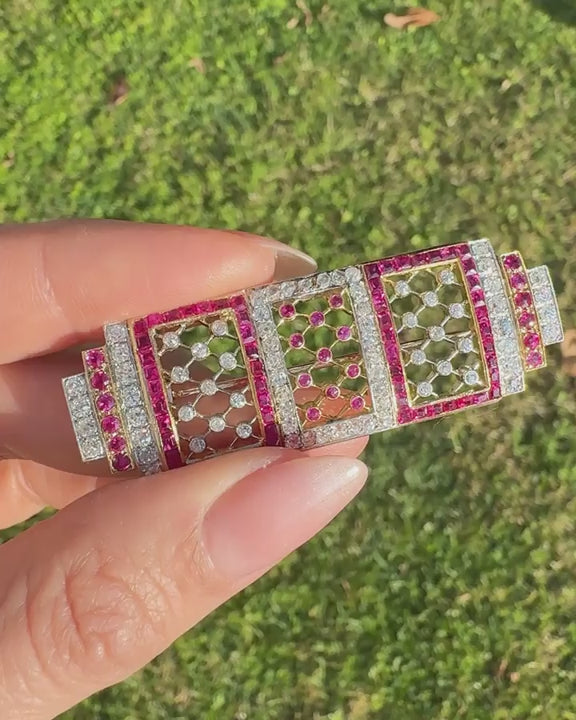 Art Deco 2.00 Ctw. Diamond & 3.82 Ctw. Ruby Geometric Lace-Motif Brooch/Pendant
