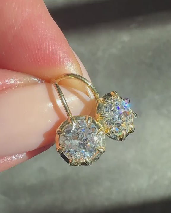 Video of 1.06 Ct. & 1.03 Ct. 18k Yellow Gold Old European Cut Diamond Claw-Prong Drop Earrings for women