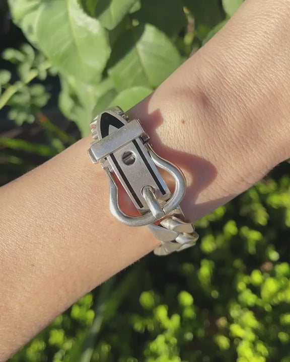 Vintage Buckle, Black Enamel, & Curb Link Bracelet by Gucci