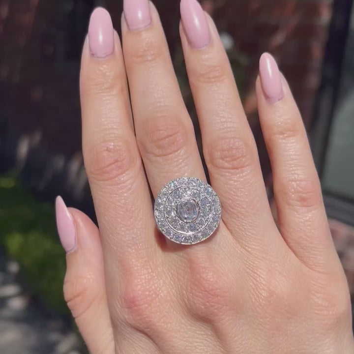 Art Deco 0.90 Carat Old Mine Cut Diamond Double Halo Dinner Ring