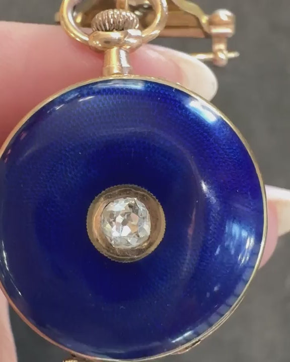 Victorian Diamond, Pearl, & Blue Enamel Lapel Watch