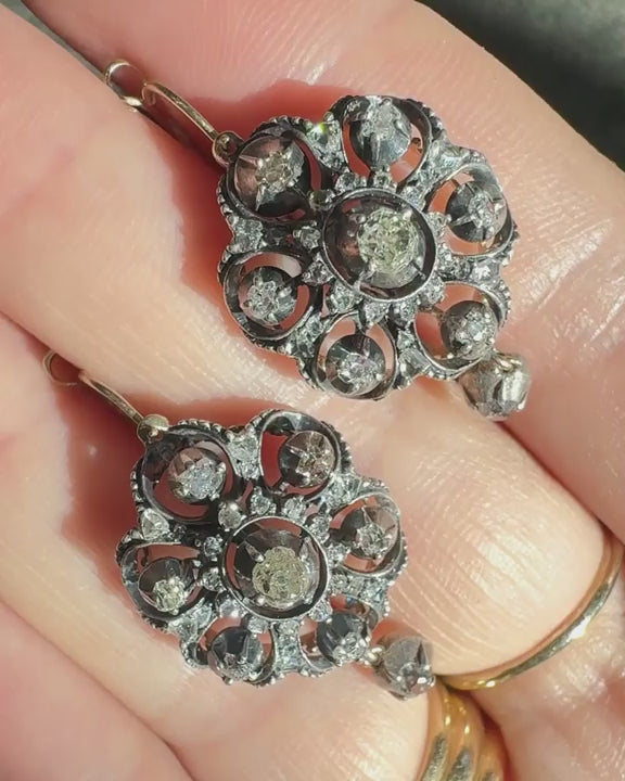 Victorian 1.05 Ctw. Old Cut Diamond Ornate Cluster Drop Earrings