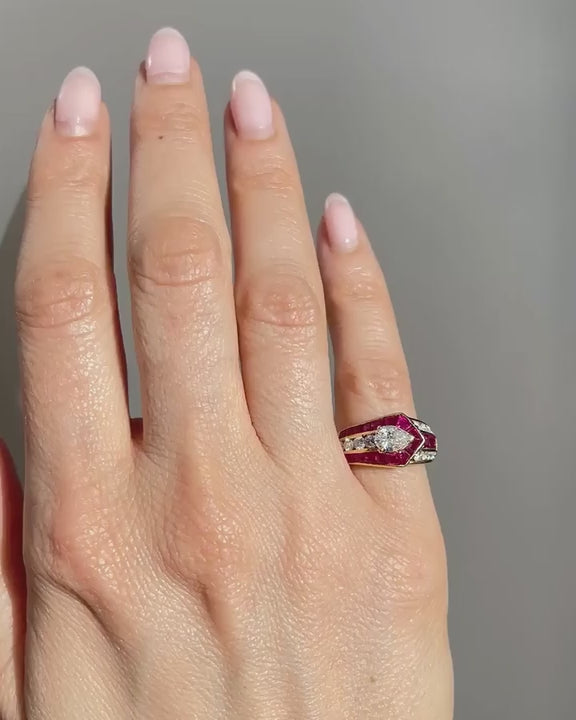 Vintage 0.53 Ct. Pear-Shaped Diamond & Ruby Freeform Buckle-Motif Ring