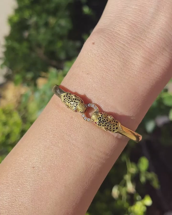 Vintage Double Panther Head & Diamond Cuff Bangle Bracelet by Gay Frères