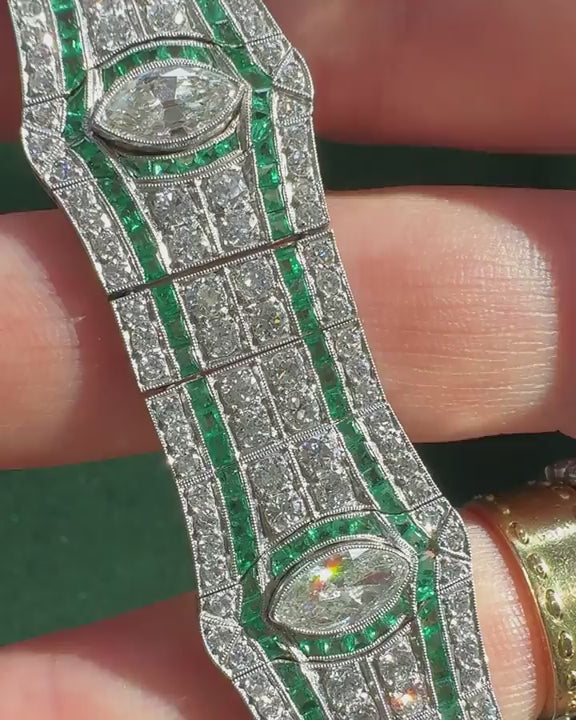 Art Deco 10.85 Ctw. Diamond & 4.82 Ctw. Emerald Geometric-Motif Bracelet