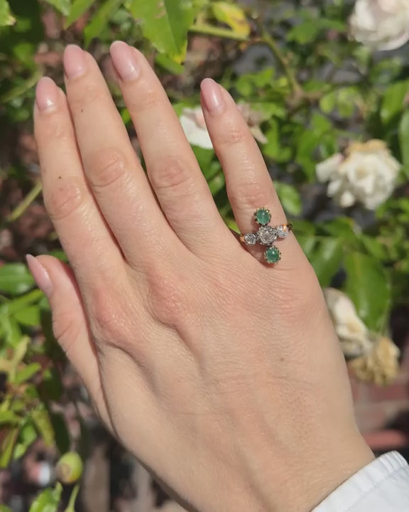 Edwardian 0.76 Ctw. Diamond & Emerald Vertical 3-Stone Ring