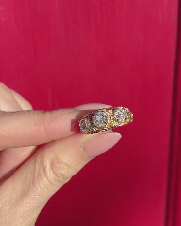 Victorian 0.83 Ct. Old European Cut Diamond Ornate 3-Stone Ring video