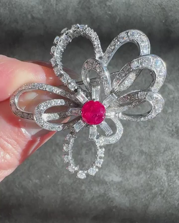 Mid-Century 1.31 Ct. Ruby & 2.75 Ctw. Diamond Bow Brooch