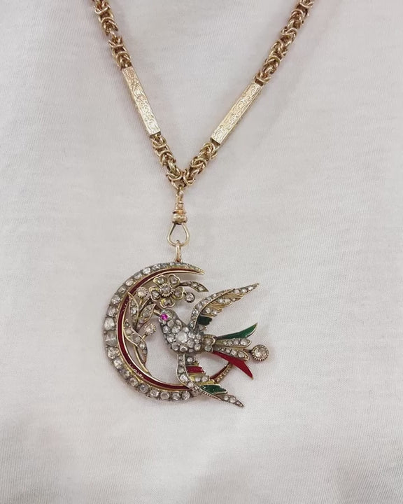 Victorian 3.00 Ctw. Diamond & Enamel Whimsical Crescent Moon Pendant Necklace