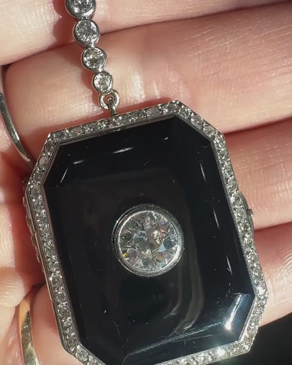 Art Deco 1.50 Ct. Old European Cut Diamond & Onyx Locket Brooch