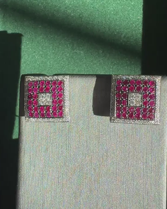 Vintage 3.22 Ctw. Ruby & 1.29 Ctw. Diamond Square Earrings