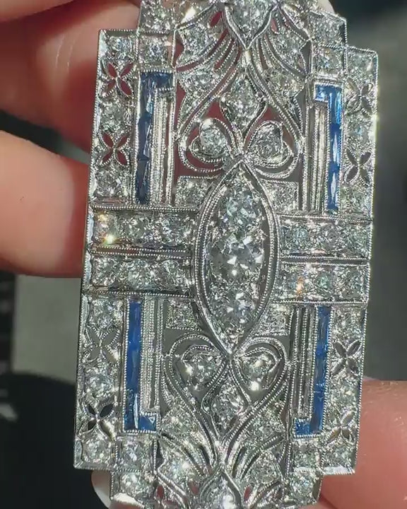 Art Deco 2.25 Ctw. Transitional Cut Diamond & Sapphire Ornate Brooch/Pendant Nec