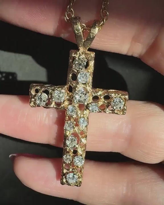 Vintage Brutalist-Style 1.50 Ctw. Diamond Cross Pendant Necklace