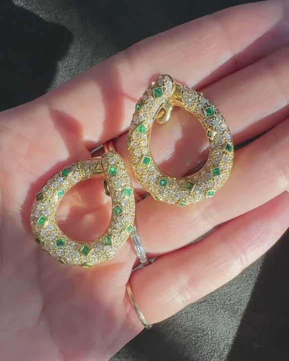 Vintage 4.20 Ctw. Diamond & 1.50 Ctw. Emerald Front-Facing Open Hoop Earrings