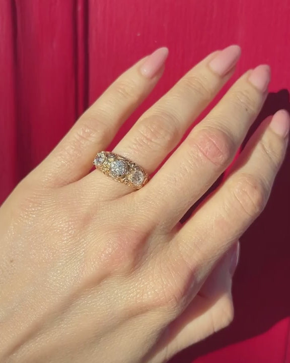 Victorian 0.83 Ct. Old European Cut Diamond Ornate 3-Stone Ring video