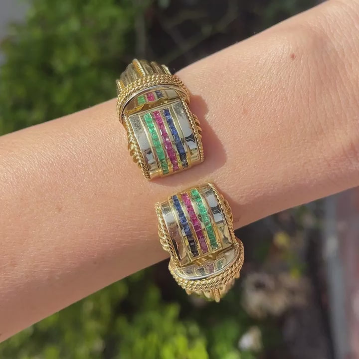 Vintage Emerald, Sapphire, & Ruby Cuff Bracelet By Letas