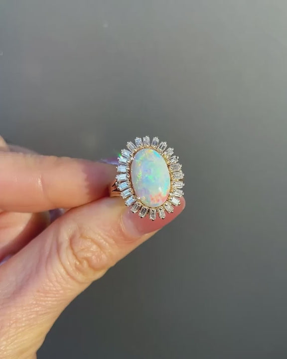 Vintage 3.37 Ct. Opal & Baguette Cut Diamond Cluster Ring