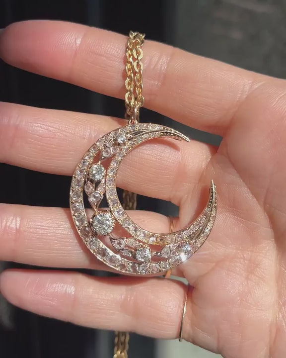 Victorian 1.28 Ctw. Old Mine Cut & 2.00 Ctw. Rose Cut Diamond Crescent Moon