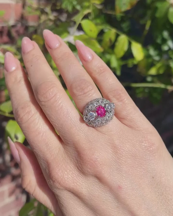 Art Deco 1.07 Ct. Pink Spinel & 4.68 Ctw. Diamond Domed Cluster Ring