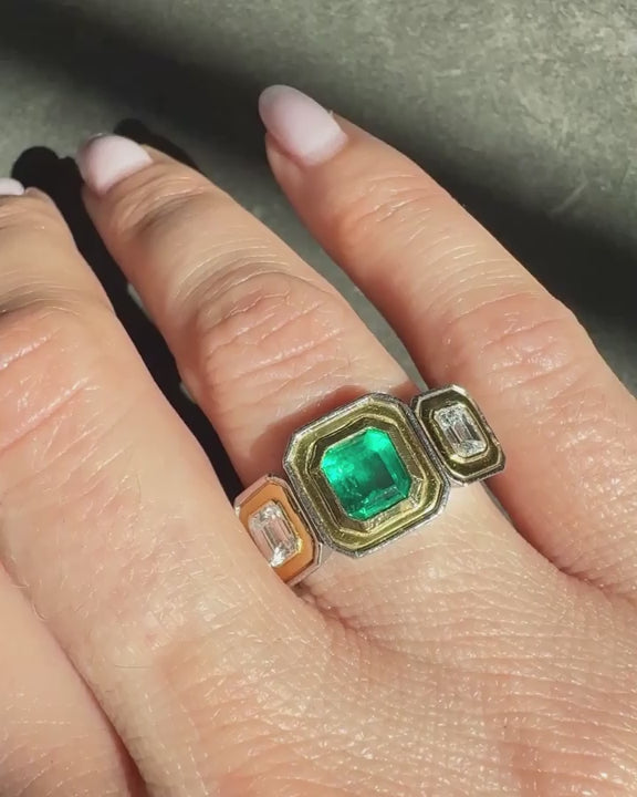 Vintage 1.13 Ct. Emerald & 0.95 Ctw. Emerald Cut Diamond 3-Stone Two-Tone Ring