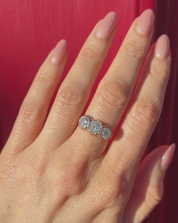 Victorian 0.96 Ct. Old European Cut Diamond Ornate 3-Stone Ring