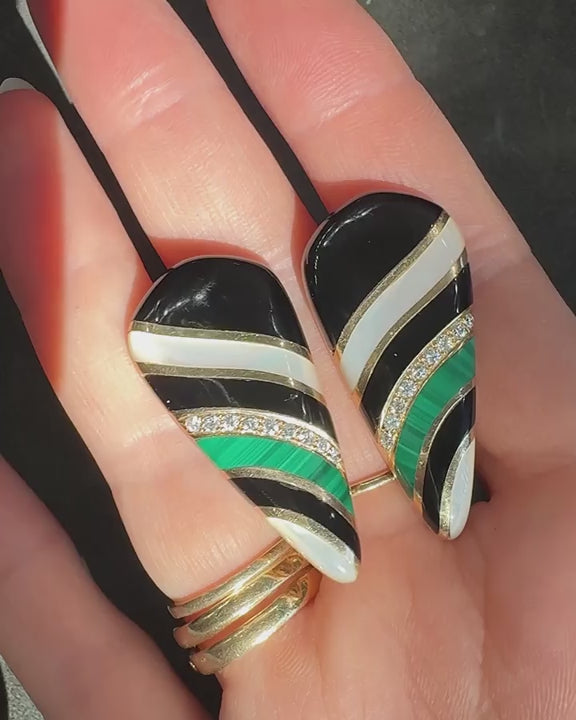 Vintage Striped Gemstone-Inlay Torpedo-Shaped Earrings