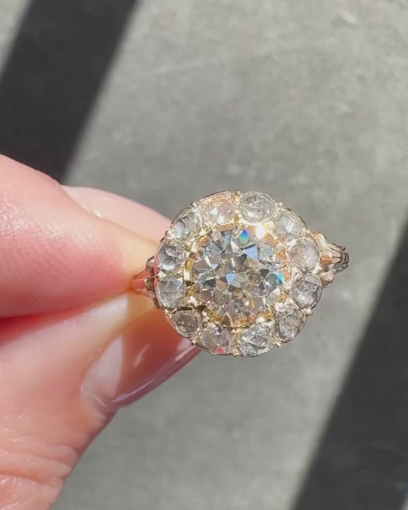 Victorian 1.31 Ct. Old European Cut Diamond Cluster Engagement Ring