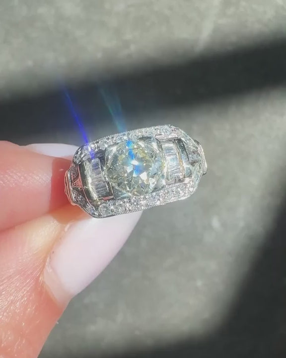 Art Deco 1.07 Ct. Old European Cut Diamond Geometric Engagement Ring
